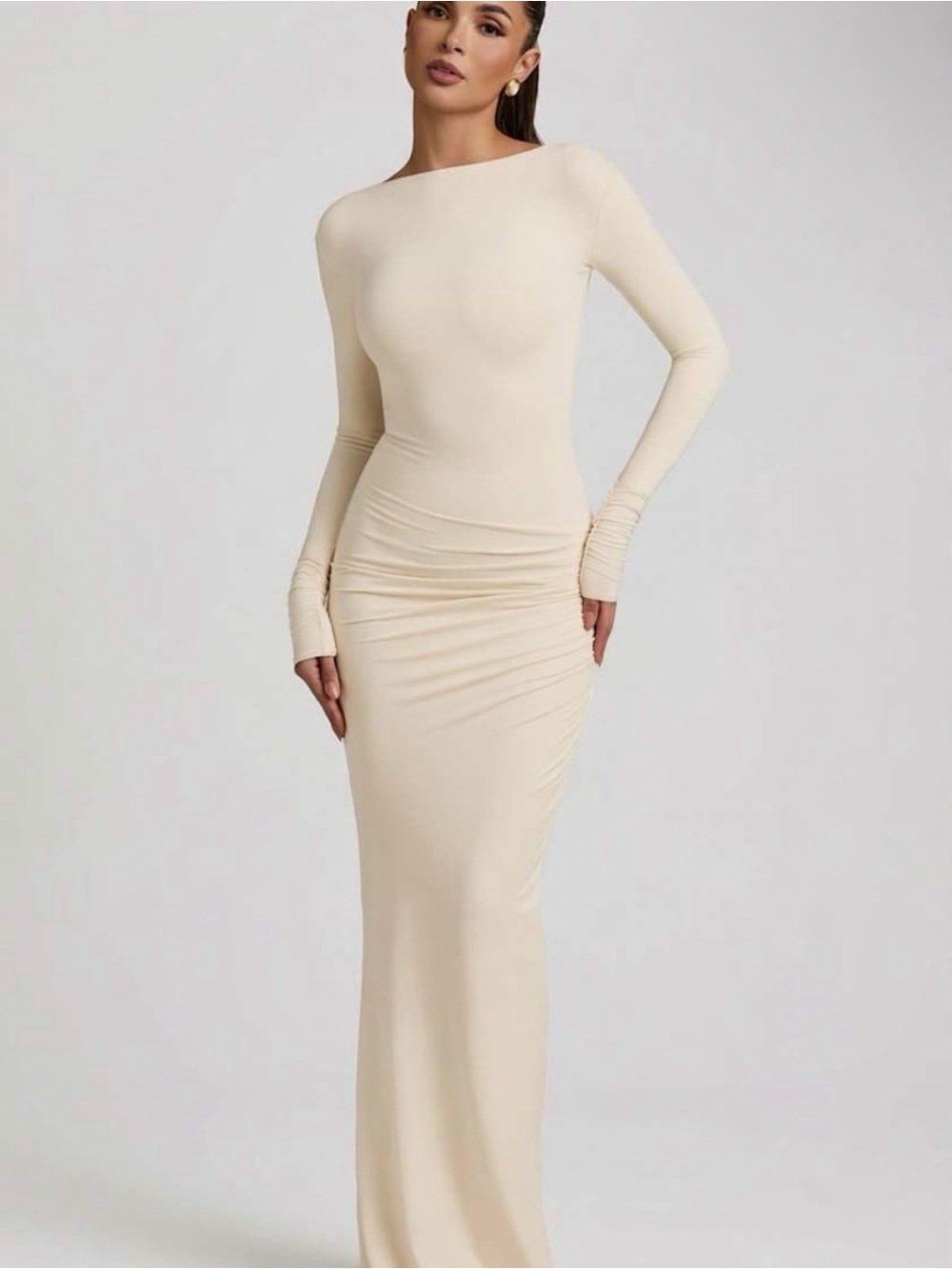Oh Polly Regine Cream Long Sleeve Fitted Maxi Dress Sz XS NWT